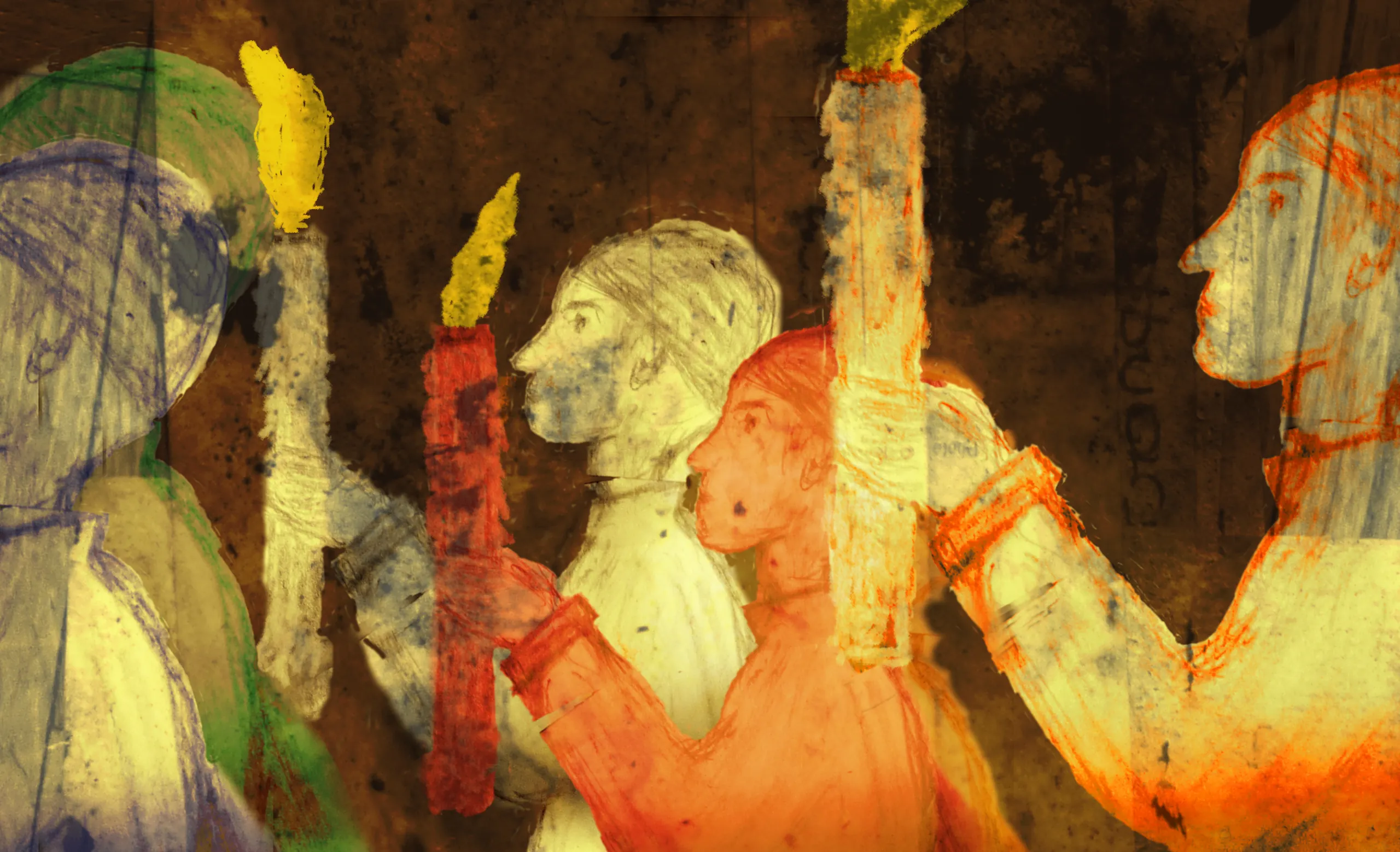 Groupe de personnages marchant à la lumière de flambeaux.